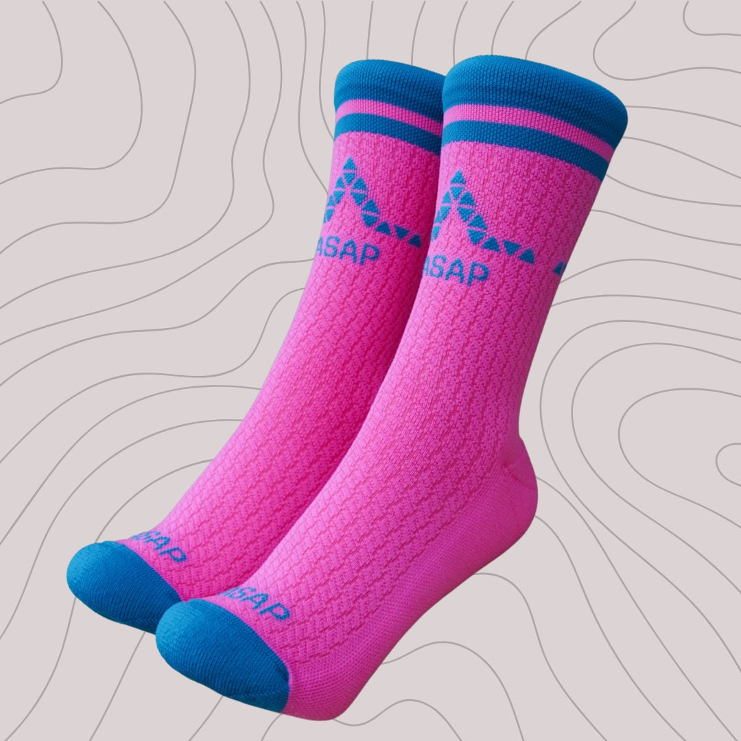 Angled view of ASAP performance crew socks, highlighting the vibrant design, durable fabric, and breathable S-Mesh structure for active comfort and style.