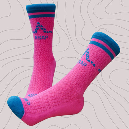 Crossed view of ASAP performance crew socks, highlighting the vibrant design, durable fabric, and breathable S-Mesh structure for active comfort and style.