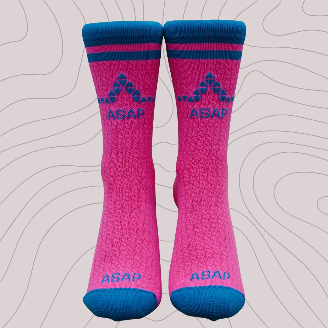 Close-up view of ASAP performance crew socks, showcasing the vibrant design and front profile with breathable S-Mesh structure, ideal for active lifestyles.